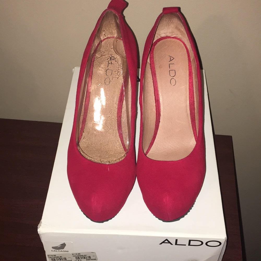 Red suede wedge heels